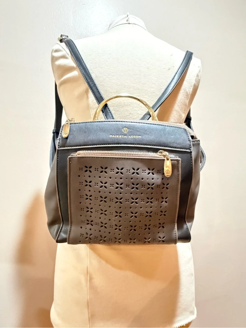 Majestic Black & Gray Perforated Backpack Handbag with Gold Handle